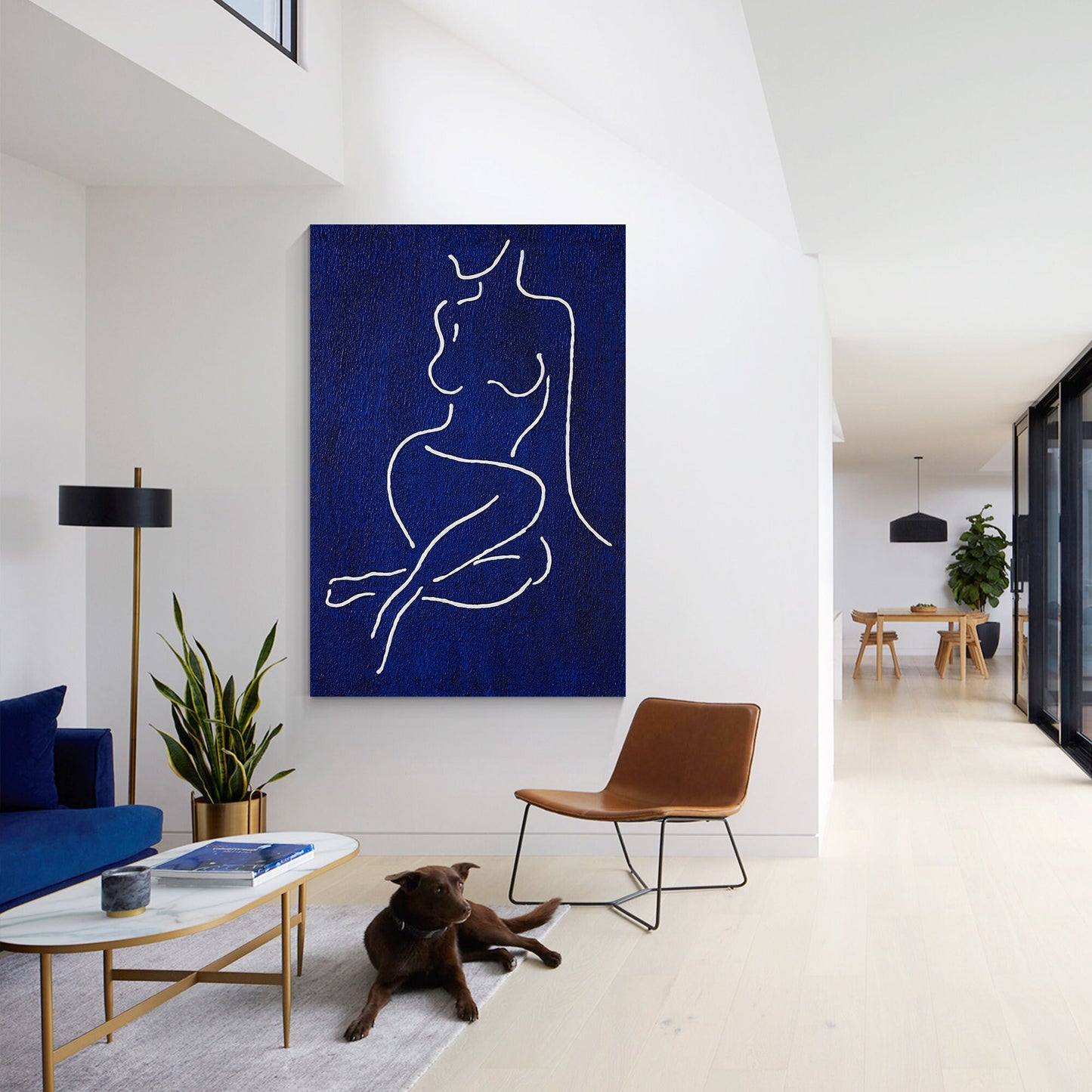 Picasso Line Art: Navy Blue Minimalist Woman Figure Painting #2