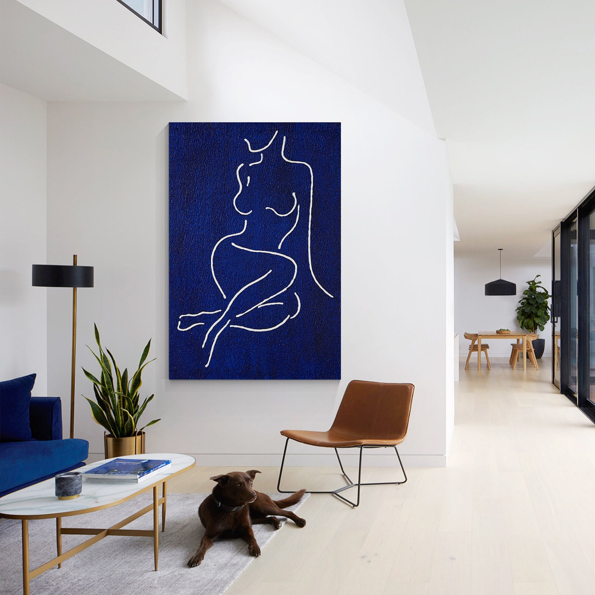 Picasso Line Art: Navy Blue Minimalist Woman Figure Painting #2