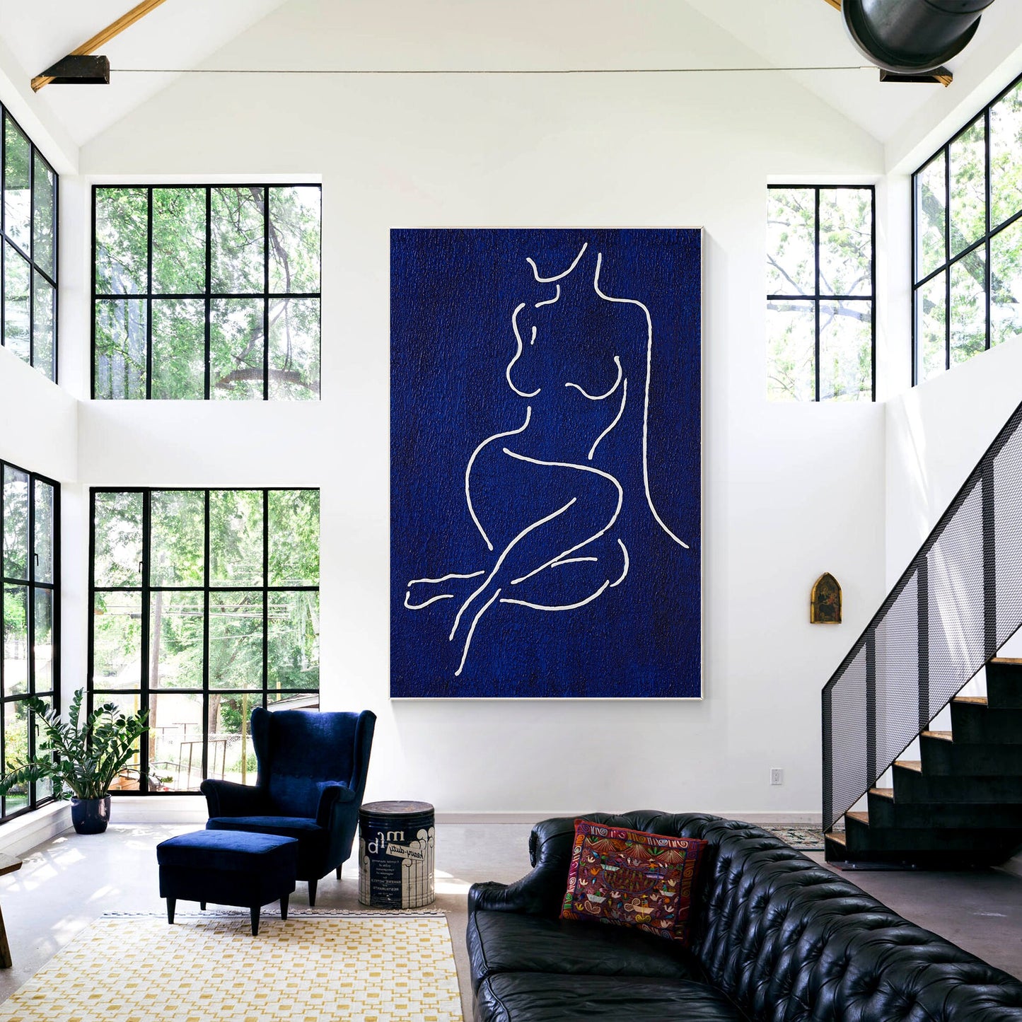 Picasso Line Art: Navy Blue Minimalist Woman Figure Painting #3