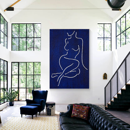 Picasso Line Art: Navy Blue Minimalist Woman Figure Painting #3
