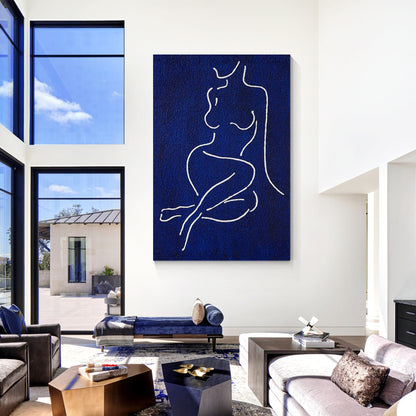 Picasso Line Art: Navy Blue Minimalist Woman Figure Painting #5