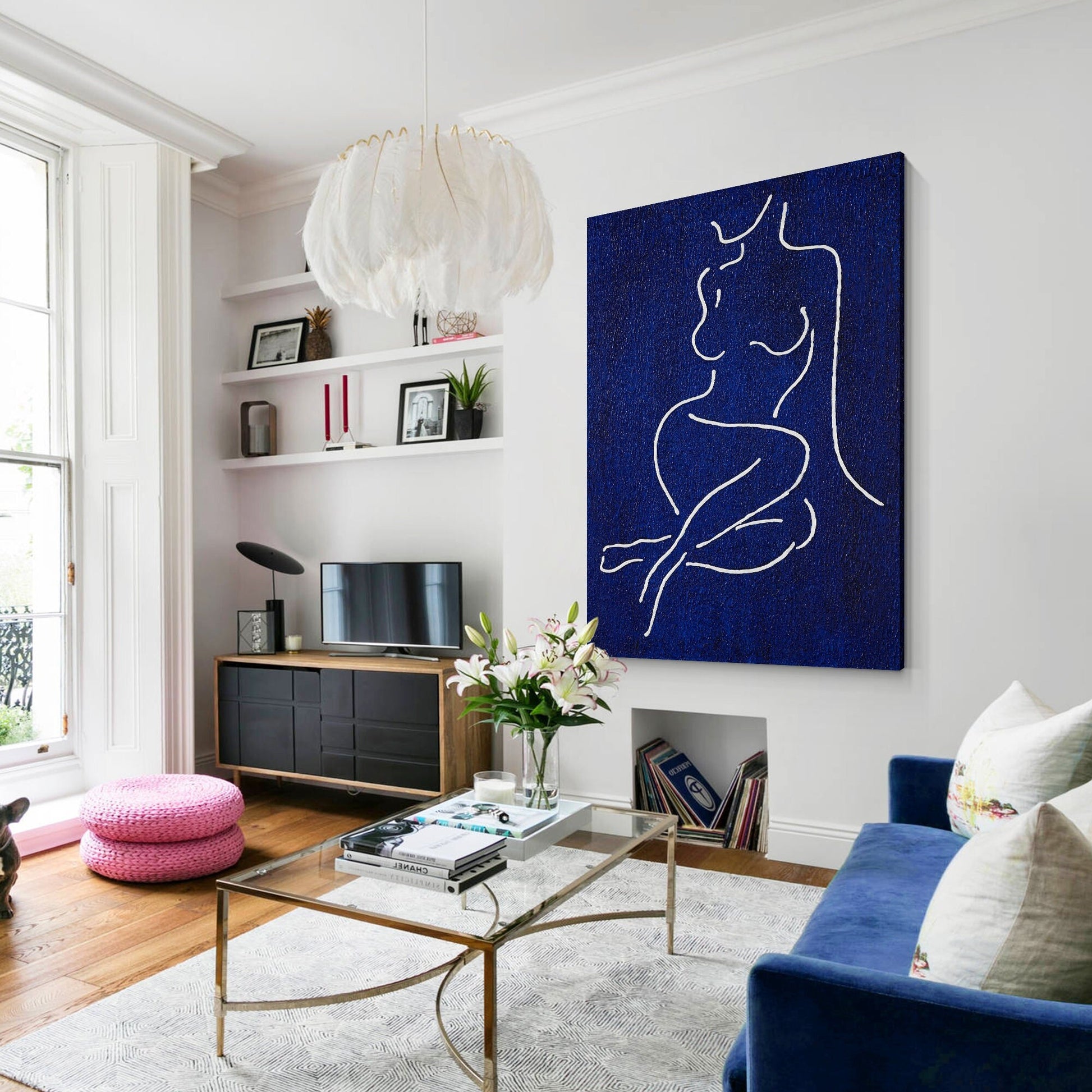 Picasso Line Art: Navy Blue Minimalist Woman Figure Painting #1