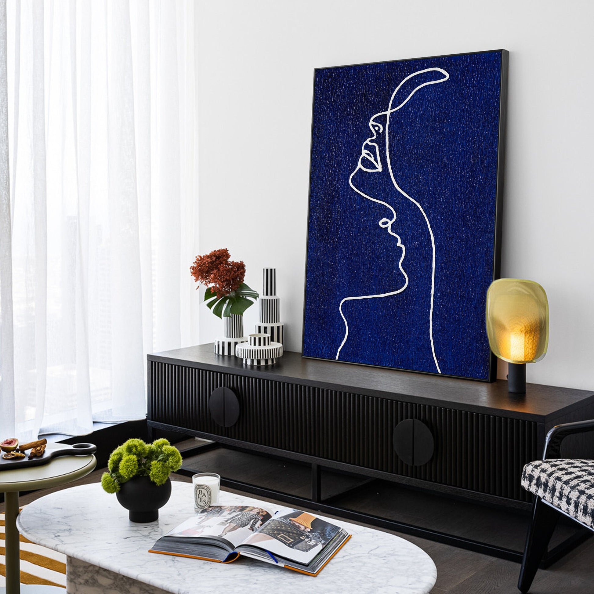 Picasso Line Art Painting: Navy Blue Minimalist Decor #2