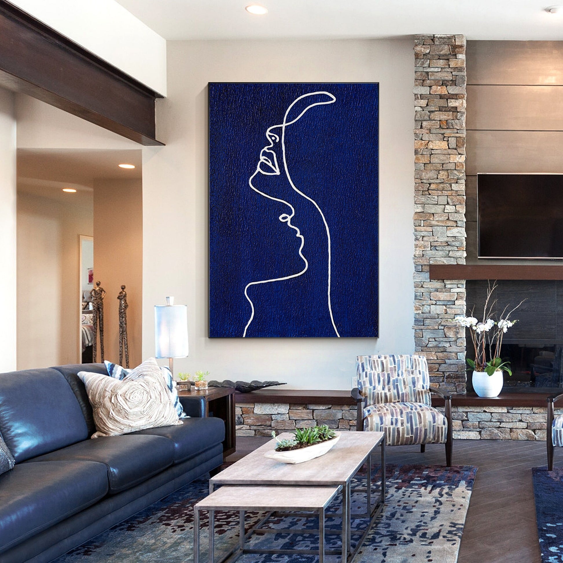 Picasso Line Art Painting: Navy Blue Minimalist Decor #4