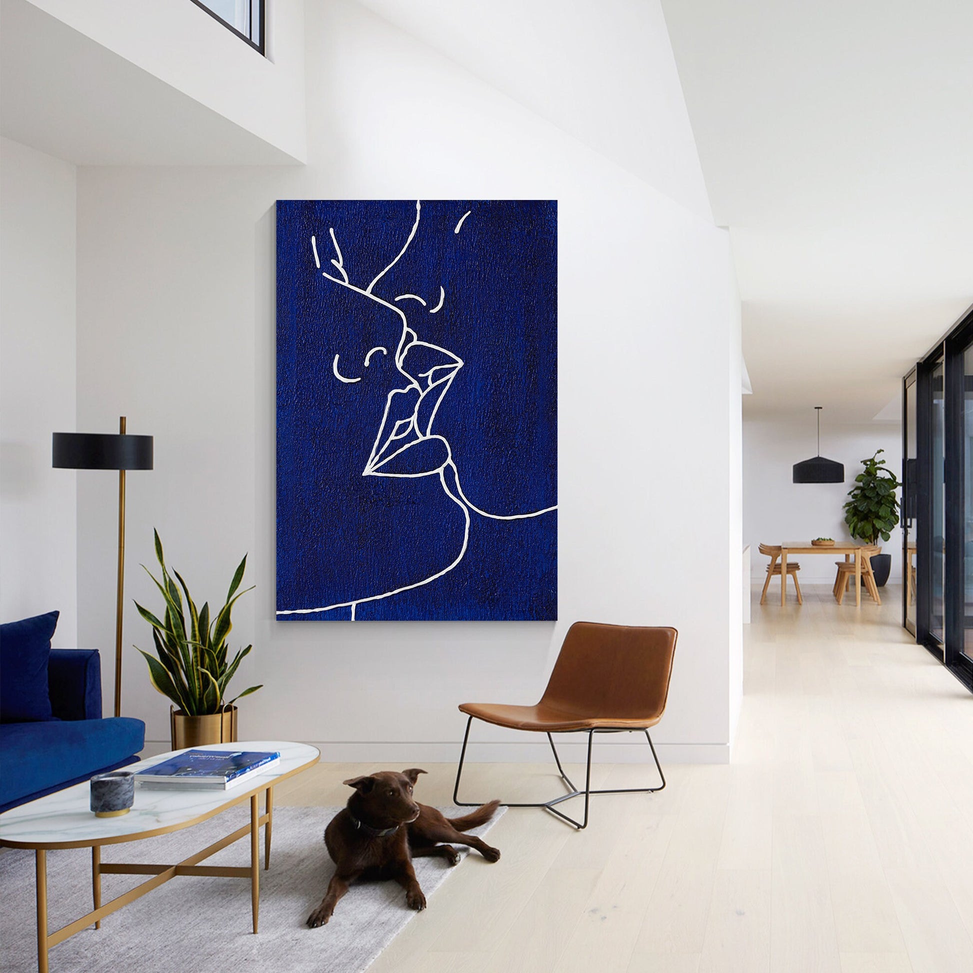 Picasso Line Kiss Painting: Navy Blue Abstract Canvas Wall Art #2