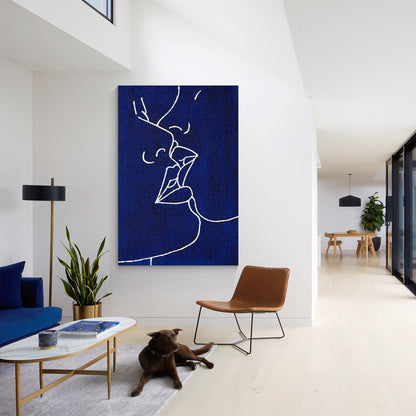 Picasso Line Kiss Painting: Navy Blue Abstract Canvas Wall Art #2