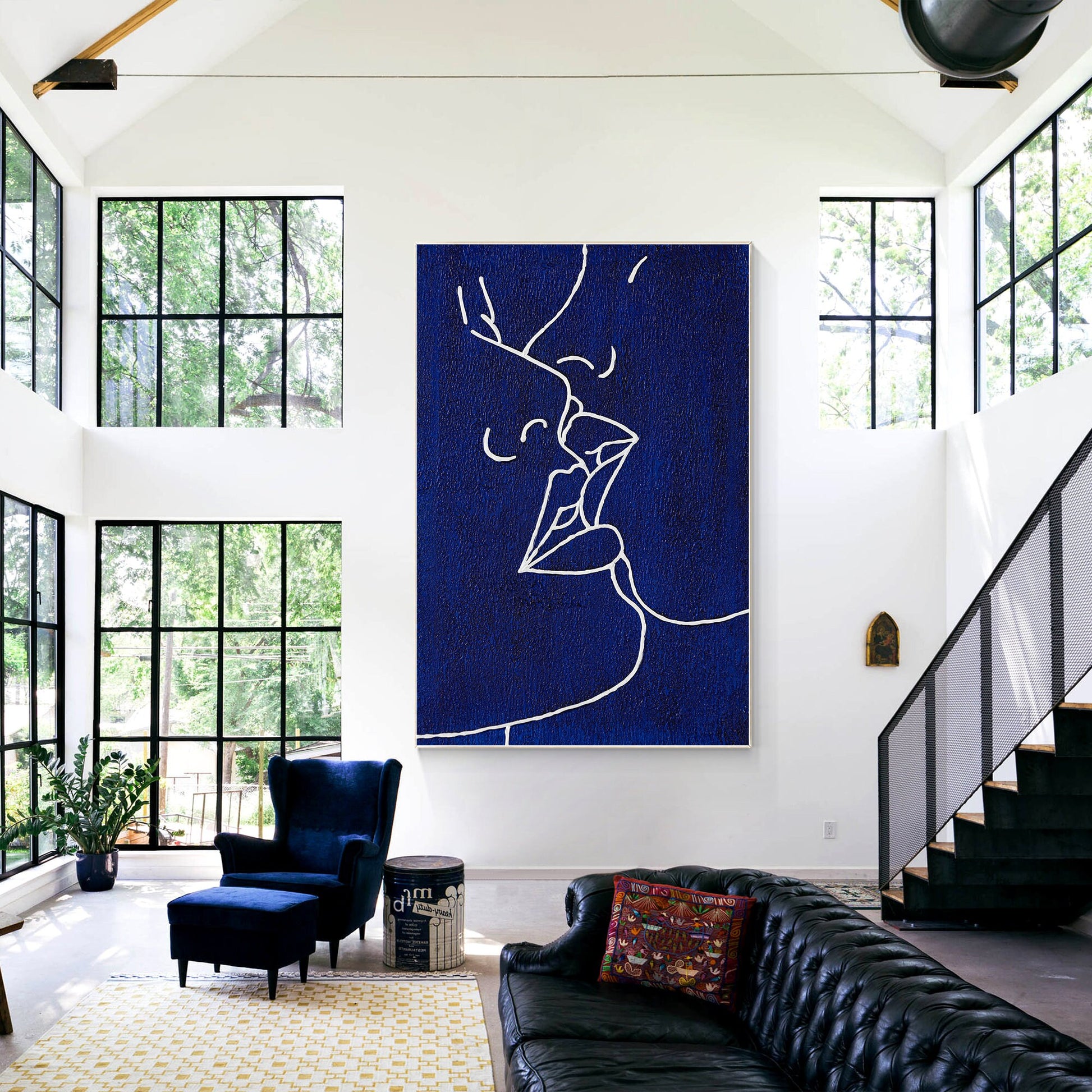Picasso Line Kiss Painting: Navy Blue Abstract Canvas Wall Art #4