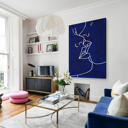 Picasso Line Kiss Painting: Navy Blue Abstract Canvas Wall Art #5