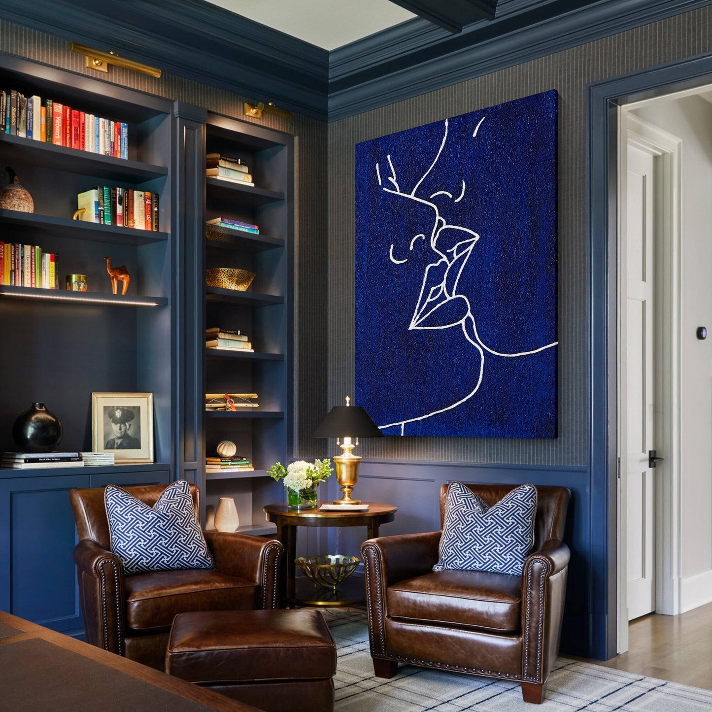 Picasso Line Kiss Painting: Navy Blue Abstract Canvas Wall Art #6