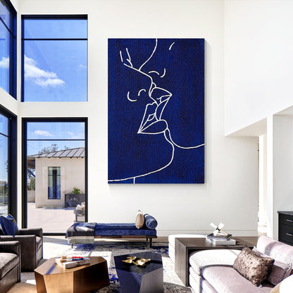 Picasso Line Kiss Painting: Navy Blue Abstract Canvas Wall Art #1