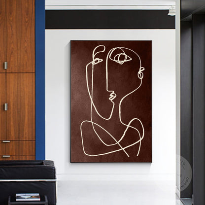 Picasso One Line Art Brown Abstract Painting on Canvas, Framed Minimalist Wall A #2