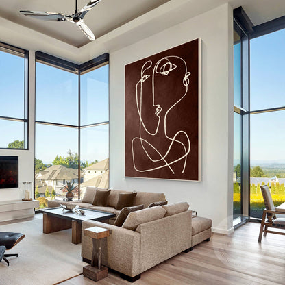 Picasso One Line Art Brown Abstract Painting on Canvas, Framed Minimalist Wall A #3