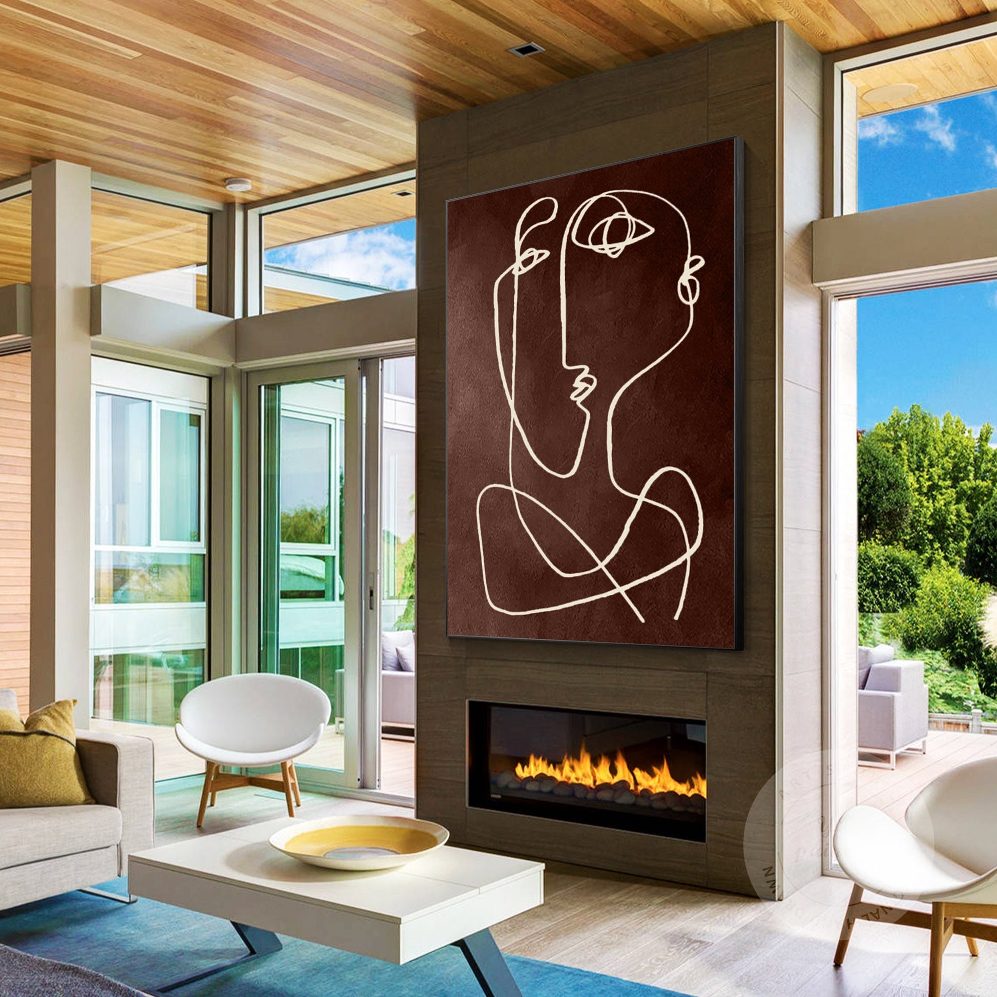 Picasso One Line Art Brown Abstract Painting on Canvas, Framed Minimalist Wall A #4