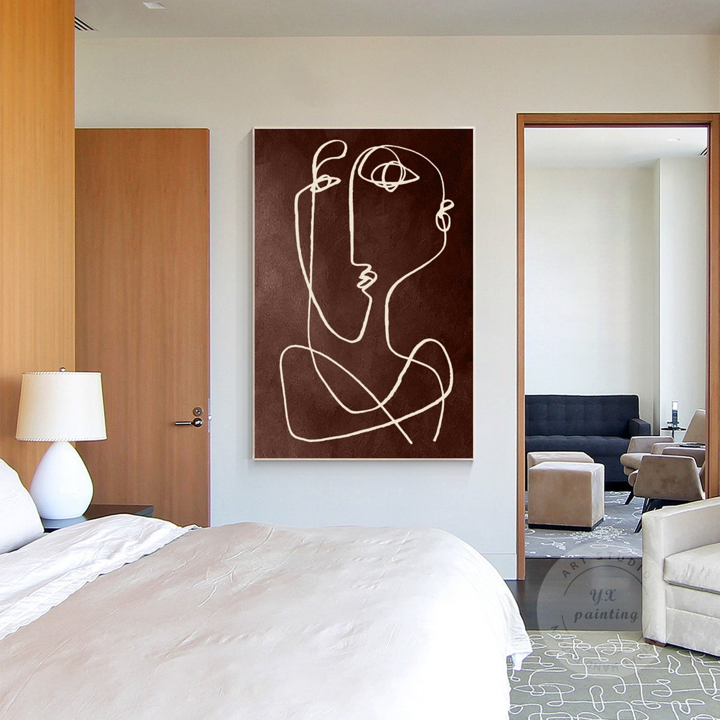 Picasso One Line Art Brown Abstract Painting on Canvas, Framed Minimalist Wall A #5