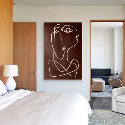 Picasso One Line Art Brown Abstract Painting on Canvas, Framed Minimalist Wall A #5