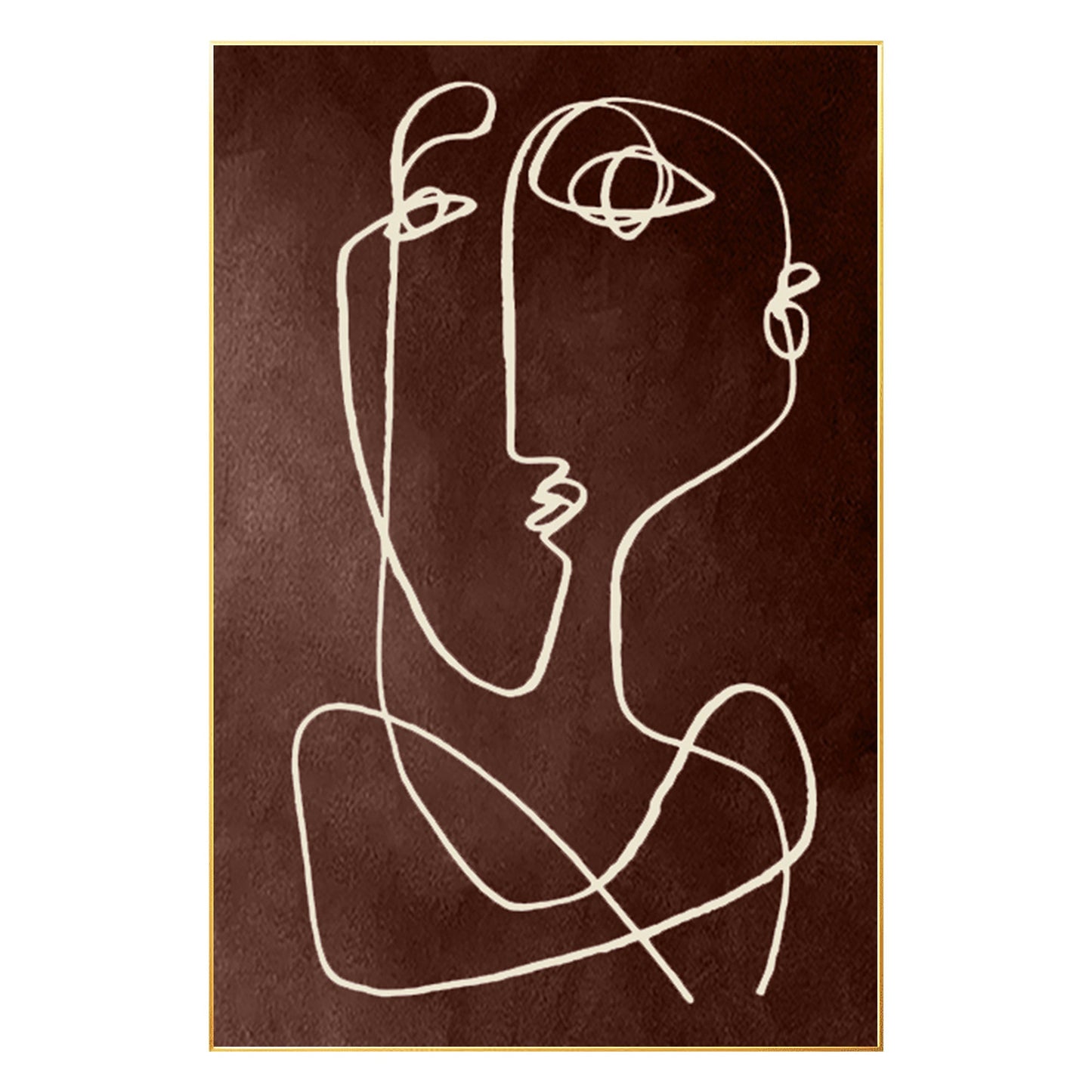 Picasso One Line Art Brown Abstract Painting on Canvas, Framed Minimalist Wall A #7