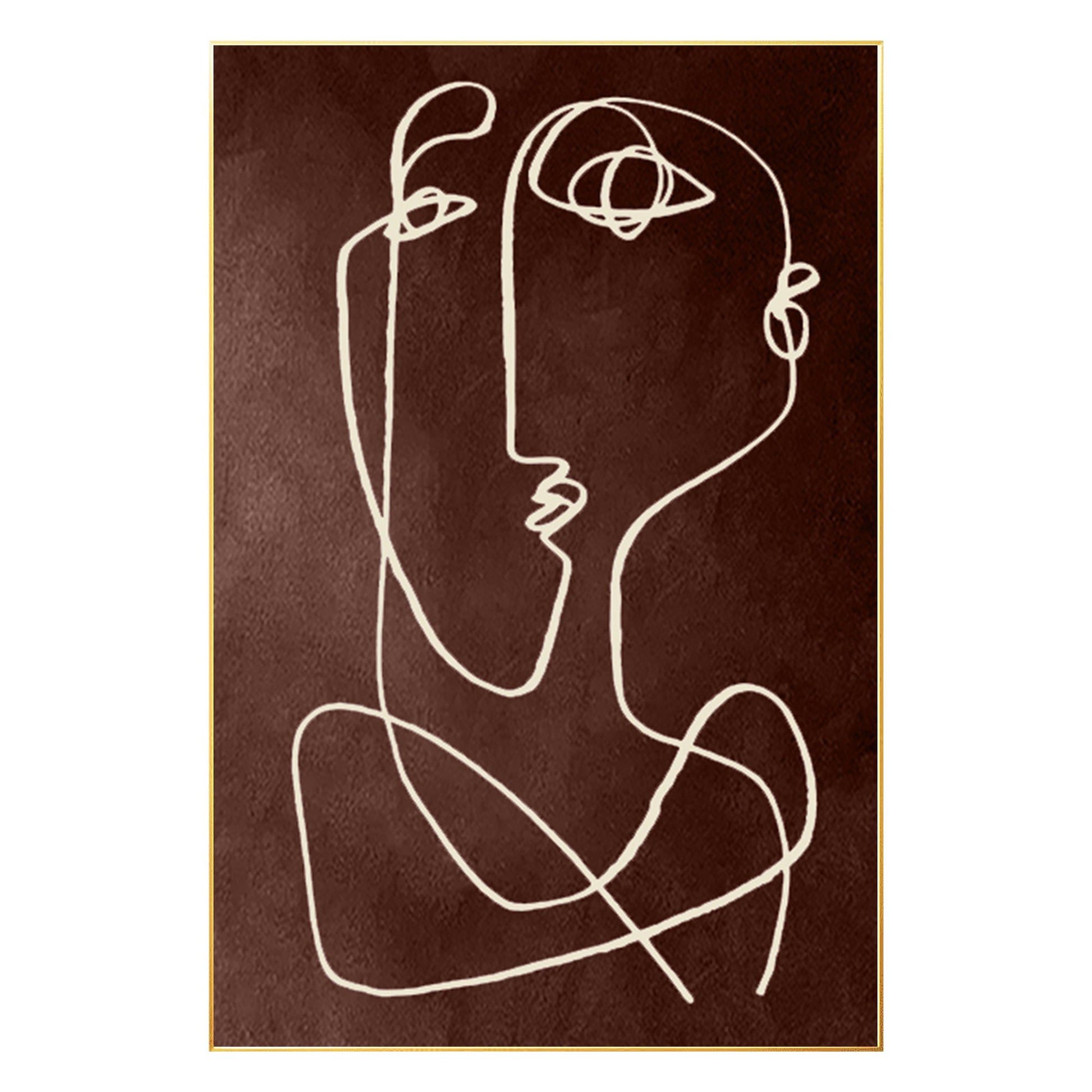 Picasso One Line Art Brown Abstract Painting on Canvas, Framed Minimalist Wall A #7