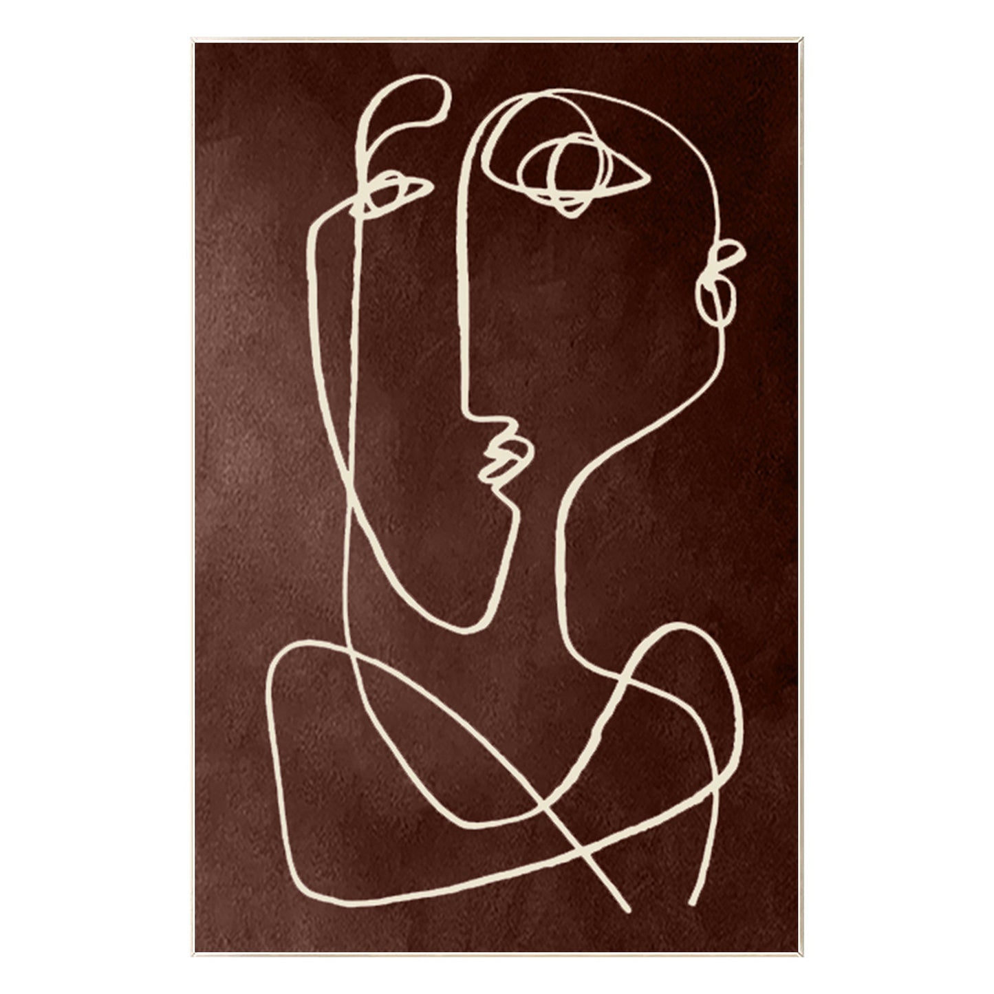 Picasso One Line Art Brown Abstract Painting on Canvas, Framed Minimalist Wall A #8