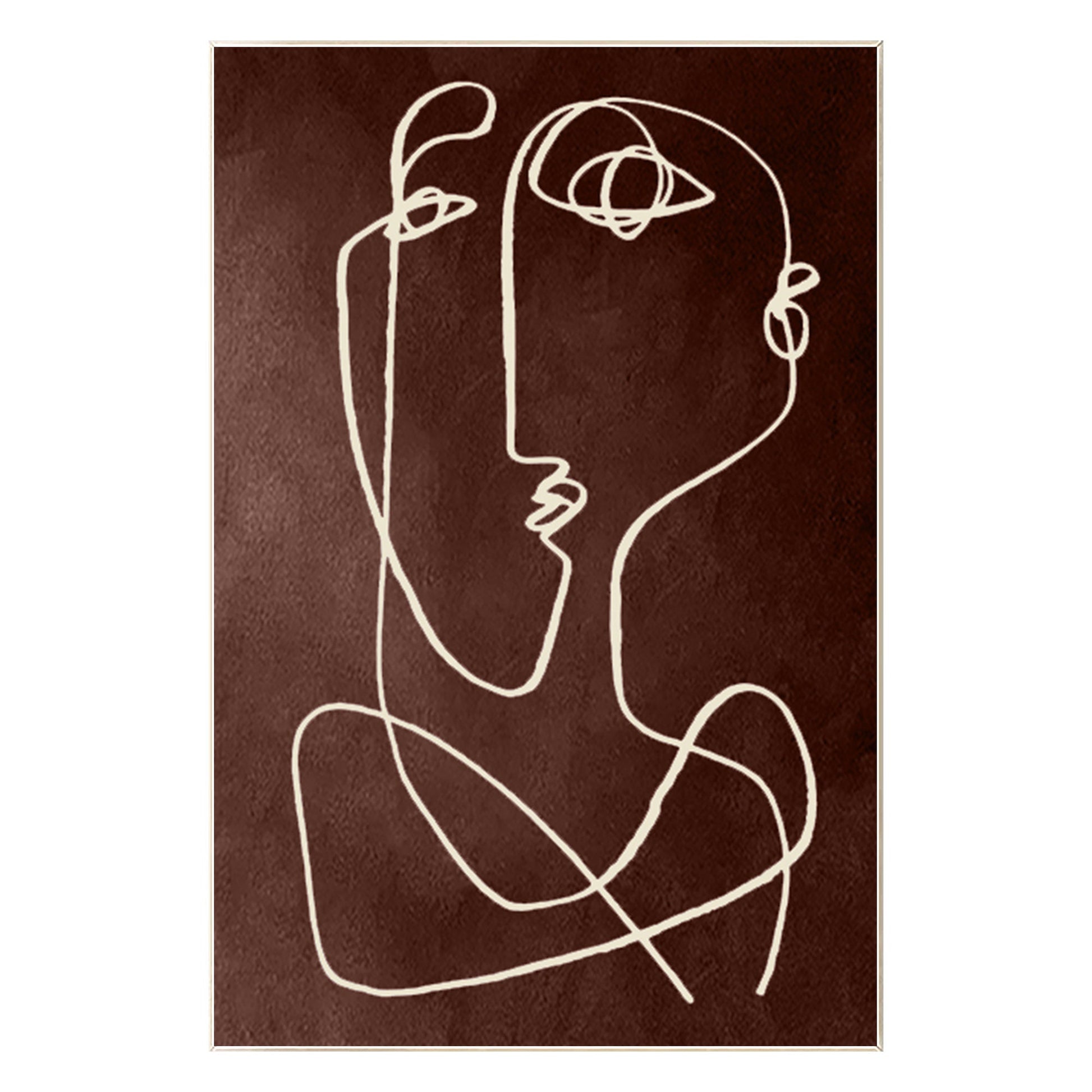 Picasso One Line Art Brown Abstract Painting on Canvas, Framed Minimalist Wall A #8