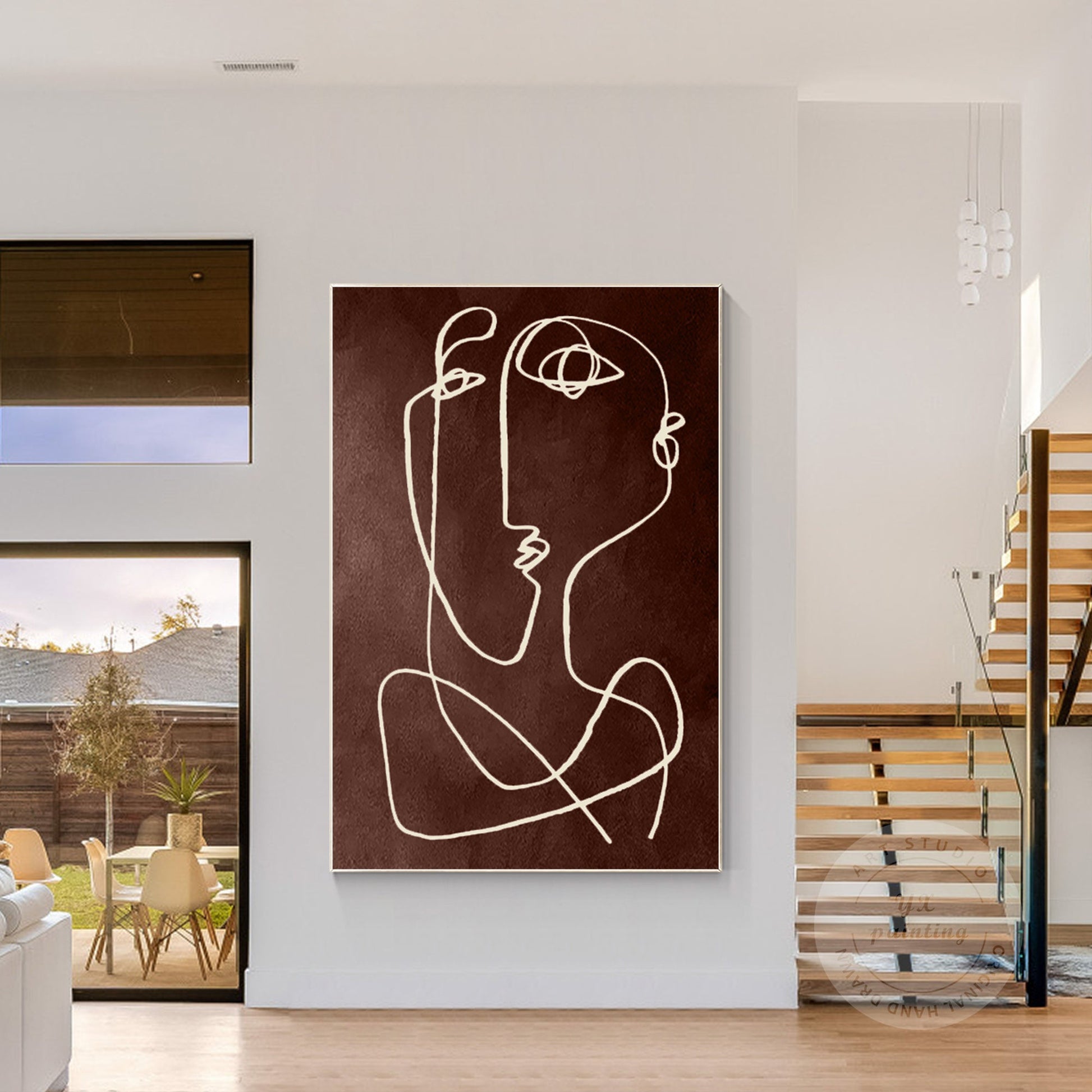 Picasso One Line Art Brown Abstract Painting on Canvas, Framed Minimalist Wall A #1