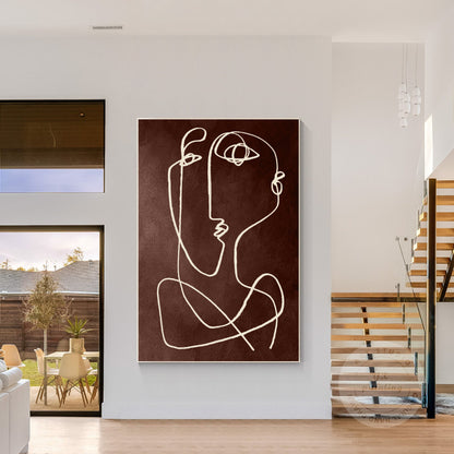 Picasso One Line Art Brown Abstract Painting on Canvas, Framed Minimalist Wall A #1