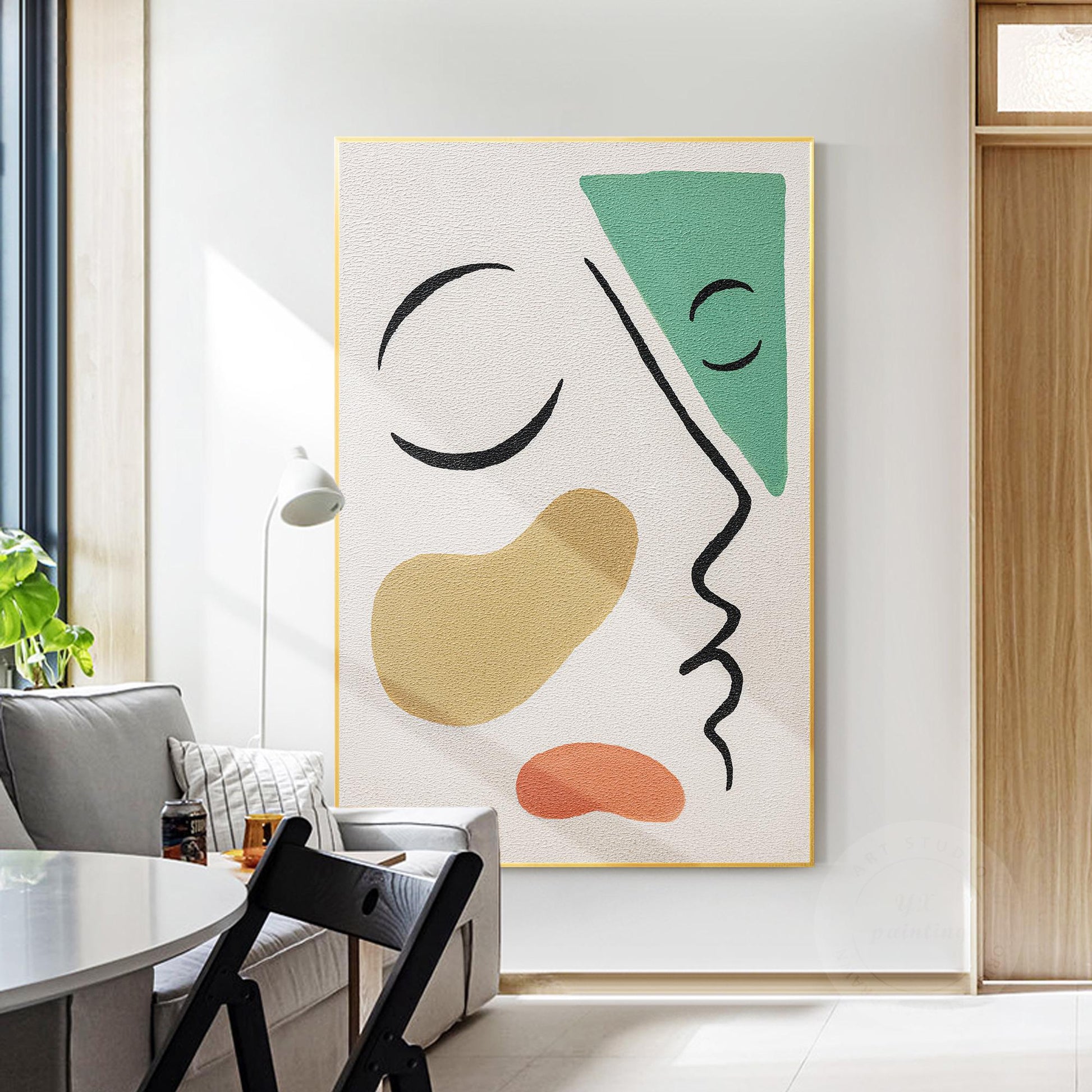 Picasso Style Abstract Line Portrait: Green Brown Textured Painting #2