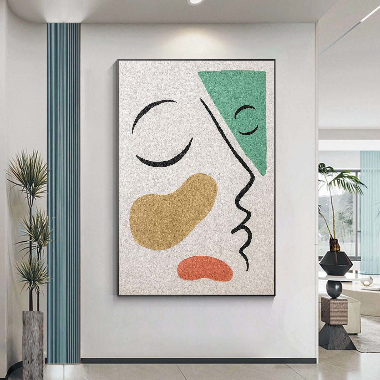 Picasso Style Abstract Line Portrait: Green Brown Textured Painting #4