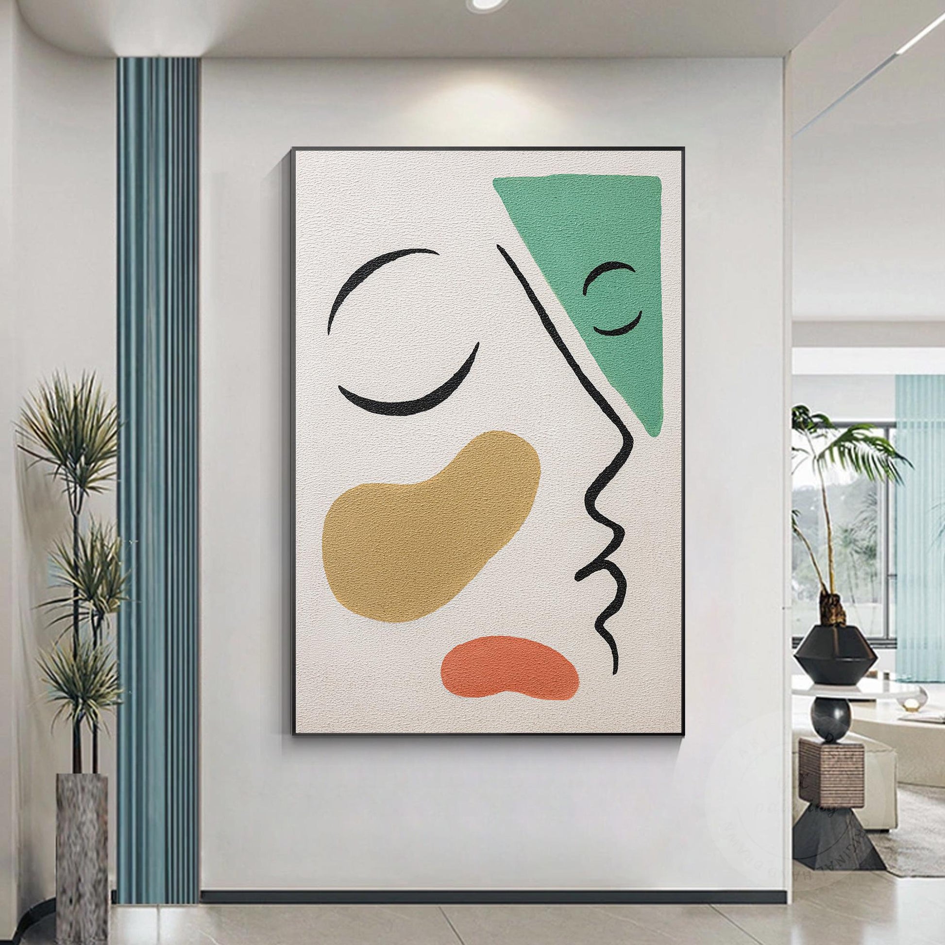 Picasso Style Abstract Line Portrait: Green Brown Textured Painting #4