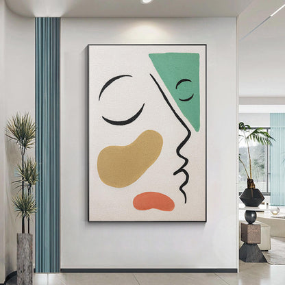 Picasso Style Abstract Line Portrait: Green Brown Textured Painting #4