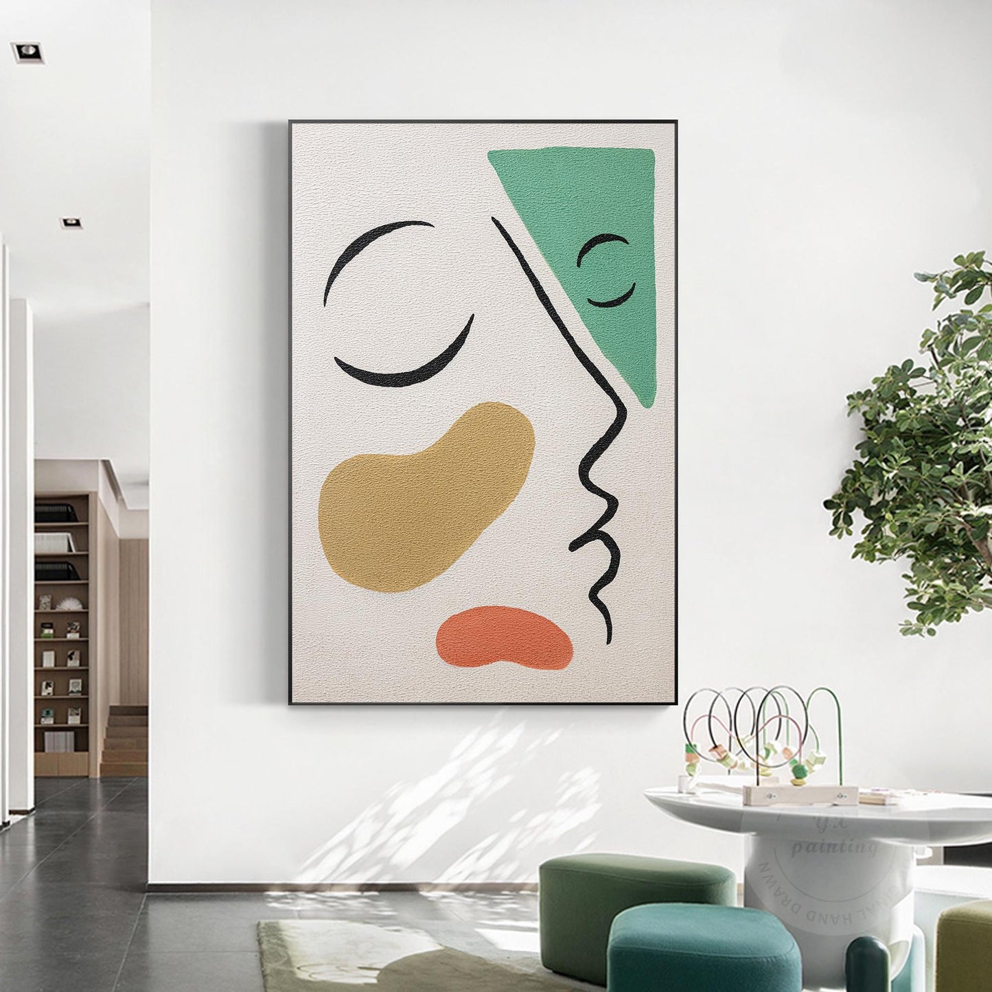 Picasso Style Abstract Line Portrait: Green Brown Textured Painting #5