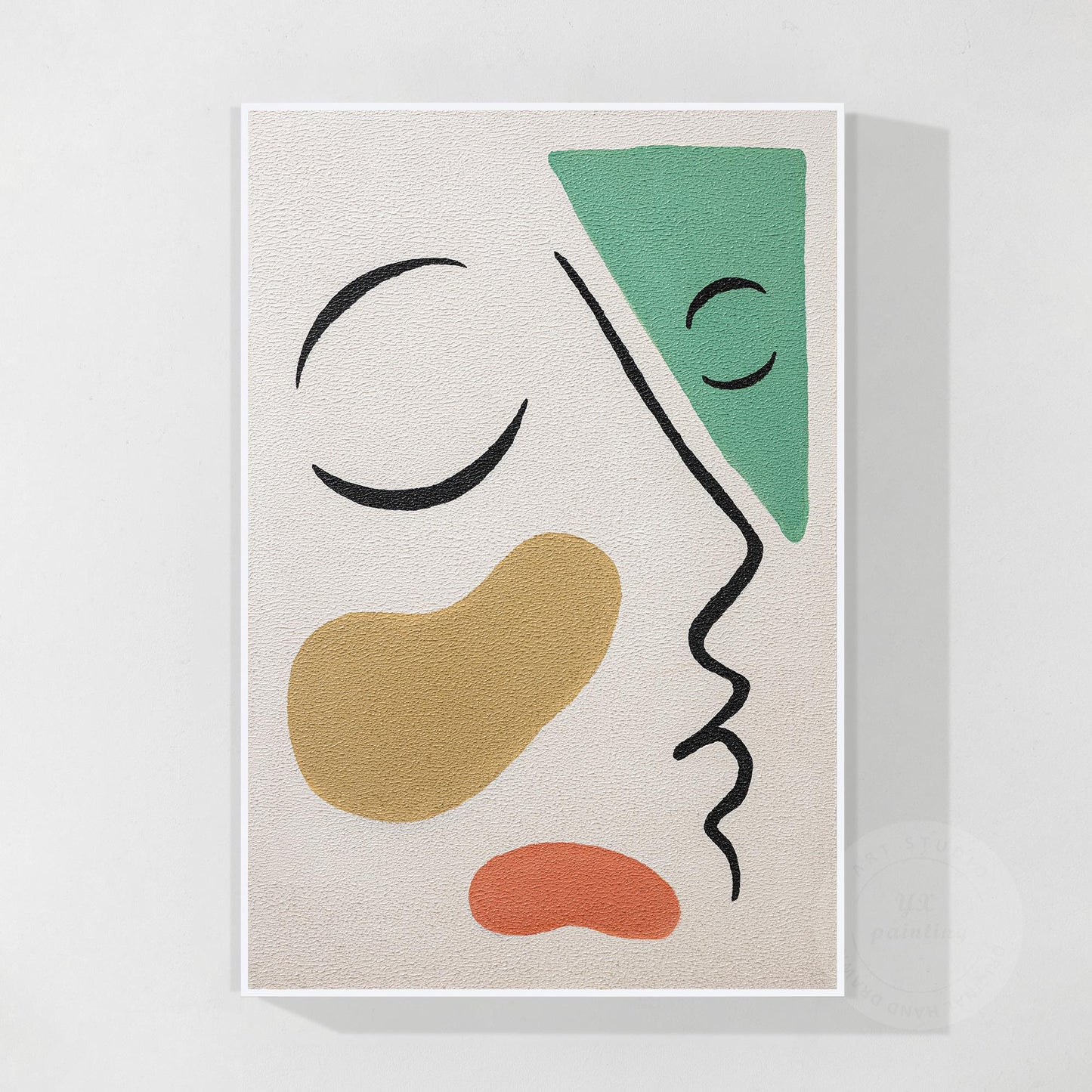 Picasso Style Abstract Line Portrait: Green Brown Textured Painting #7