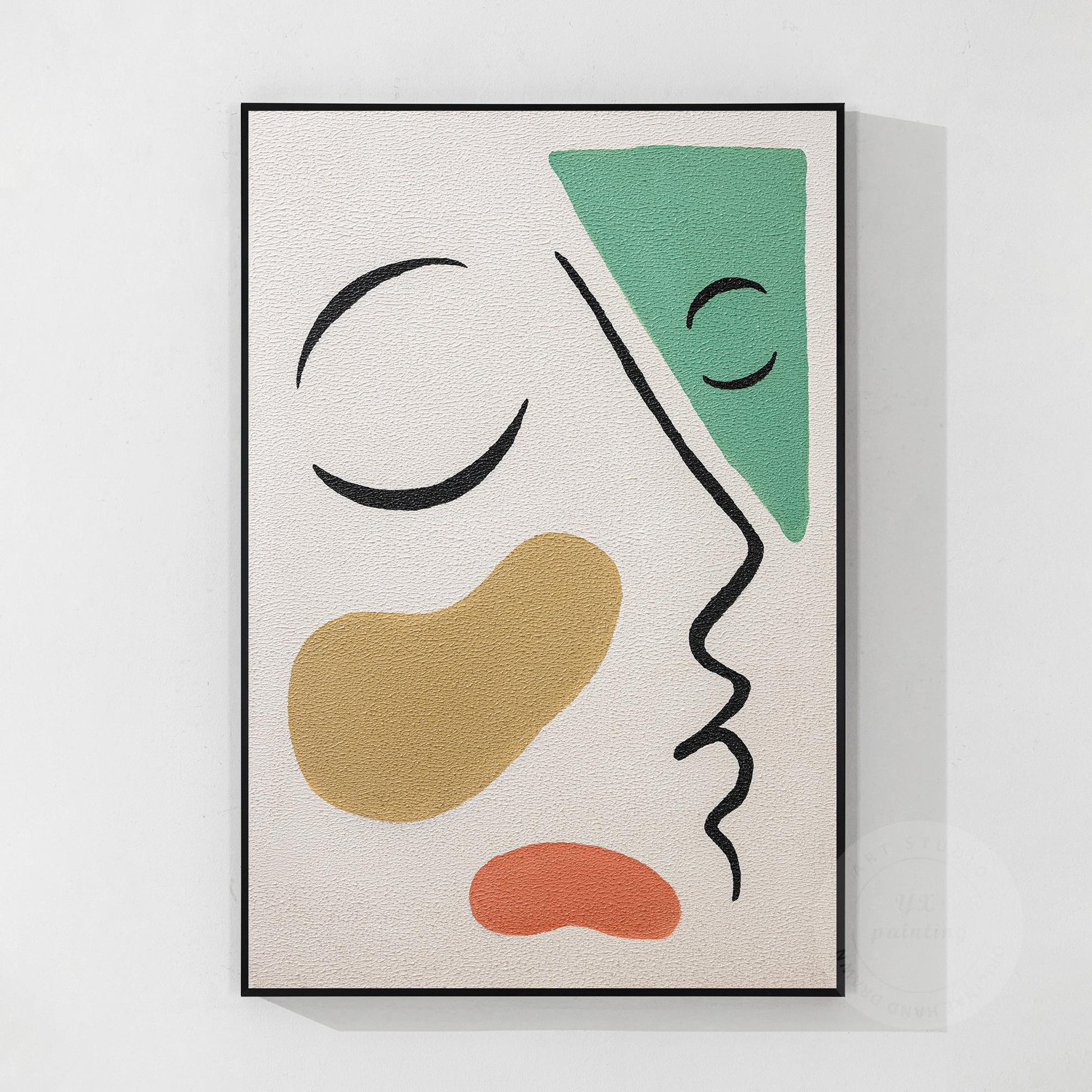 Picasso Style Abstract Line Portrait: Green Brown Textured Painting #8