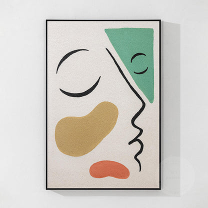 Picasso Style Abstract Line Portrait: Green Brown Textured Painting #8