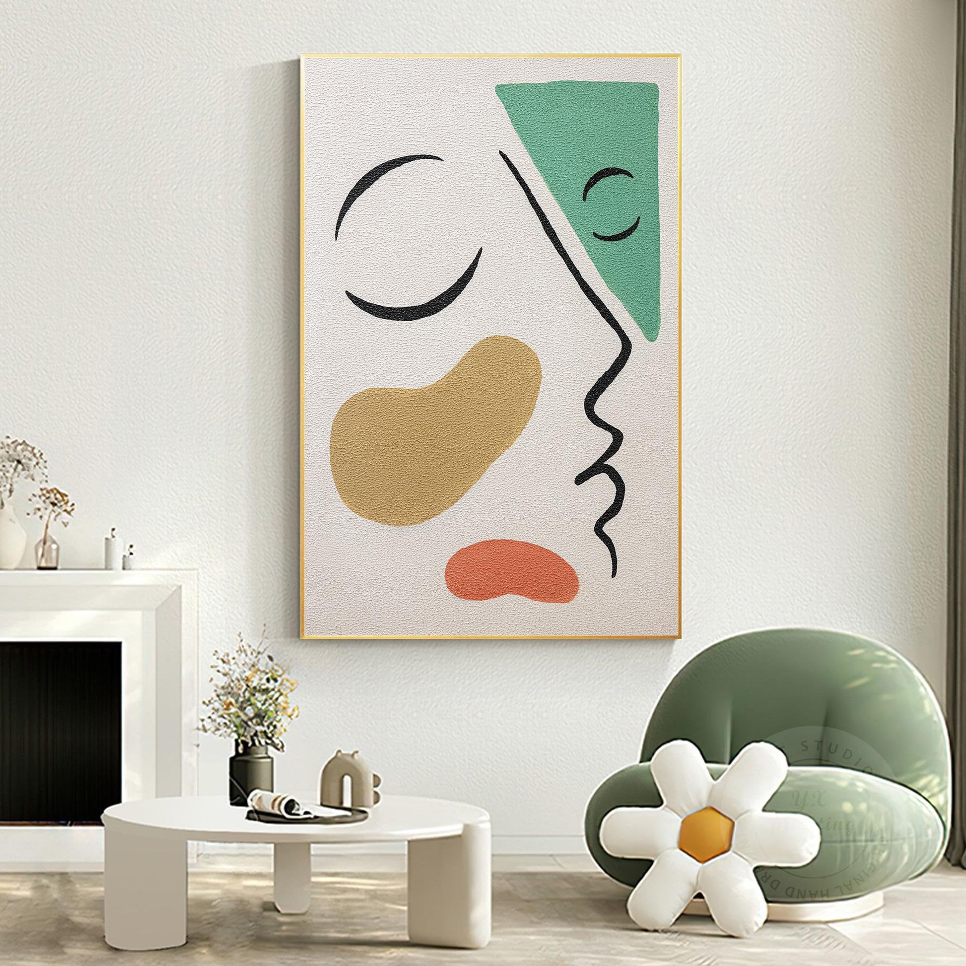 Picasso Style Abstract Line Portrait: Green Brown Textured Painting #1