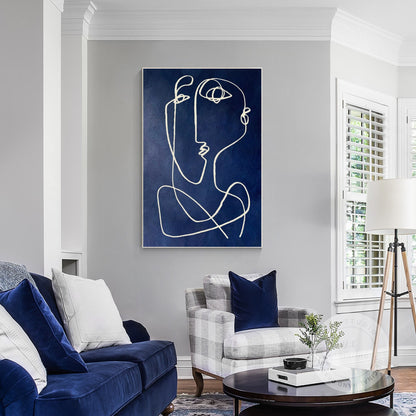 Picasso Style Navy Blue Line Art, Modern Textured Abstract Painting on Canvas, M #2