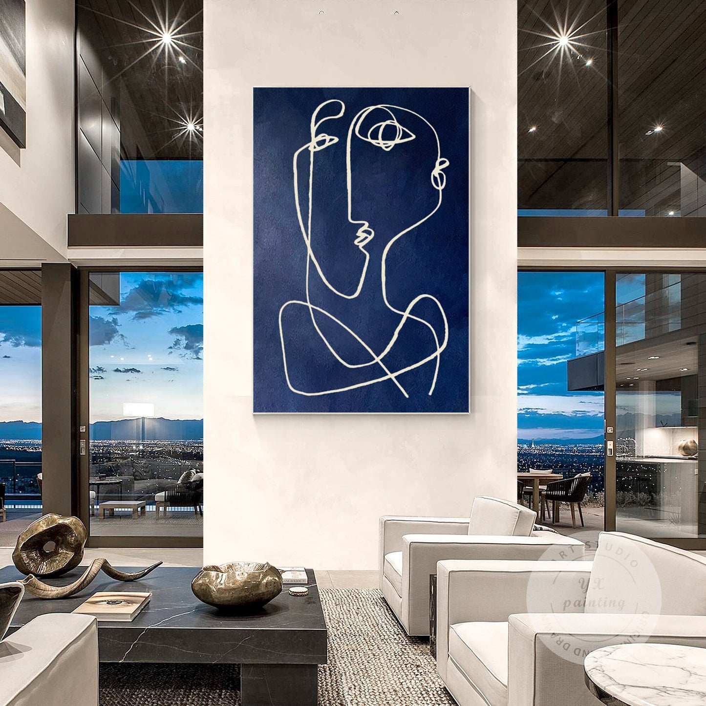 Picasso Style Navy Blue Line Art, Modern Textured Abstract Painting on Canvas, M #3