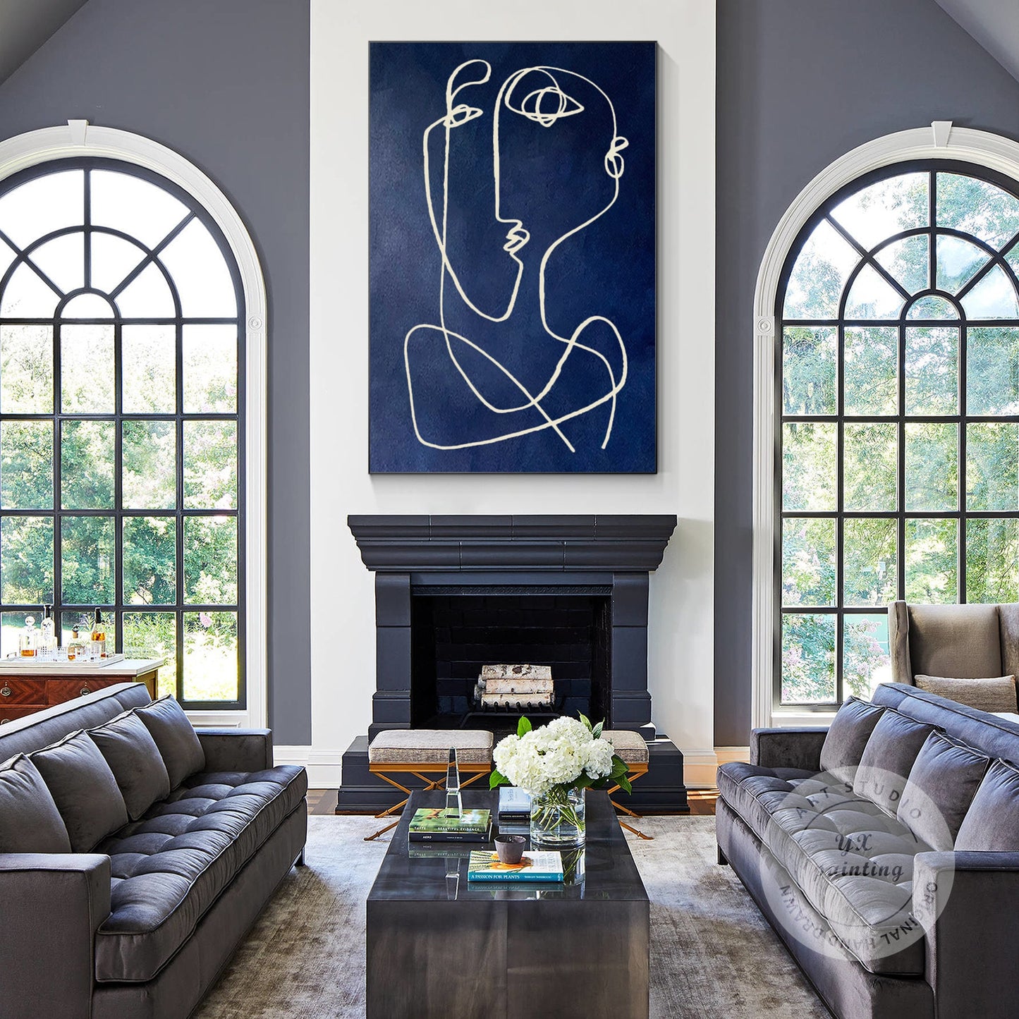 Picasso Style Navy Blue Line Art, Modern Textured Abstract Painting on Canvas, M #4