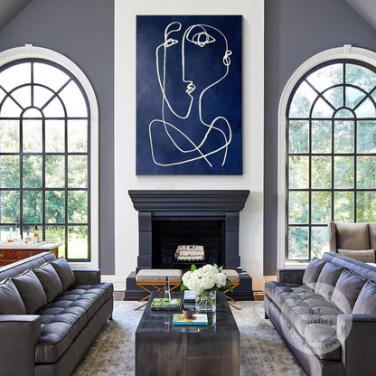 Picasso Style Navy Blue Line Art, Modern Textured Abstract Painting on Canvas, M #4