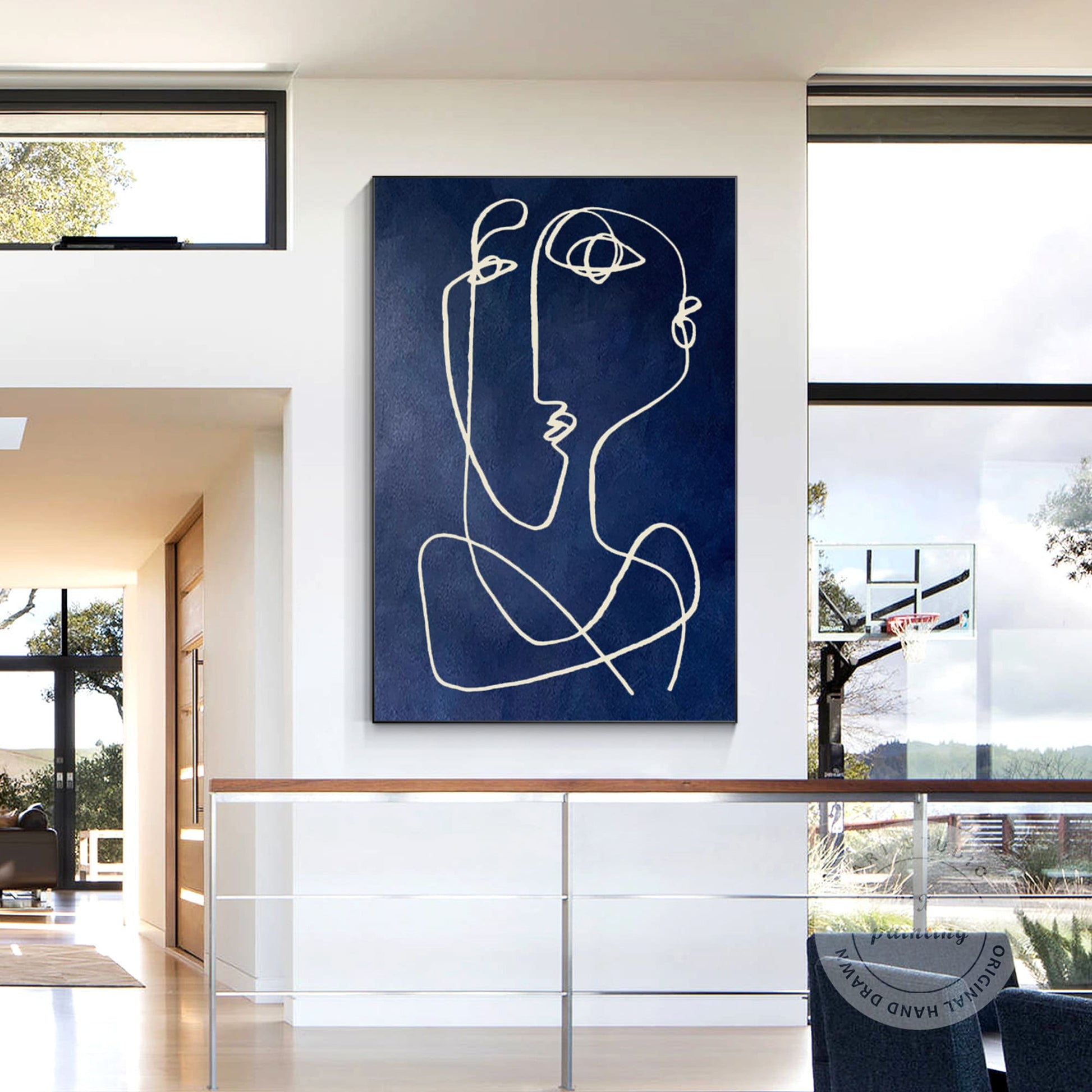 Picasso Style Navy Blue Line Art, Modern Textured Abstract Painting on Canvas, M #5