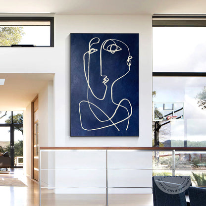 Picasso Style Navy Blue Line Art, Modern Textured Abstract Painting on Canvas, M #5