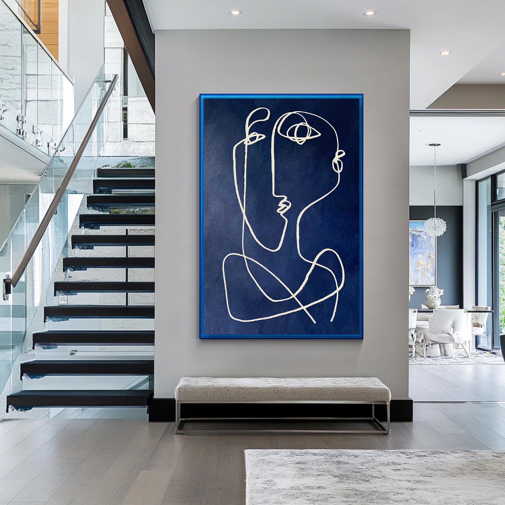 Picasso Style Navy Blue Line Art, Modern Textured Abstract Painting on Canvas, M #6