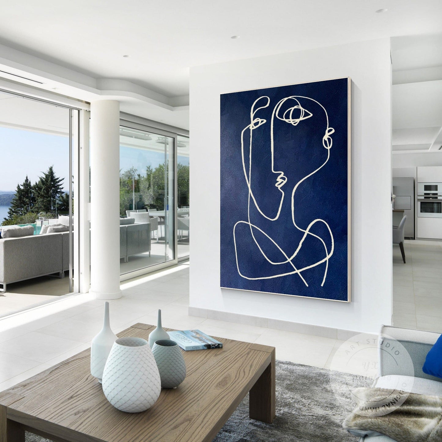 Picasso Style Navy Blue Line Art, Modern Textured Abstract Painting on Canvas, M #1