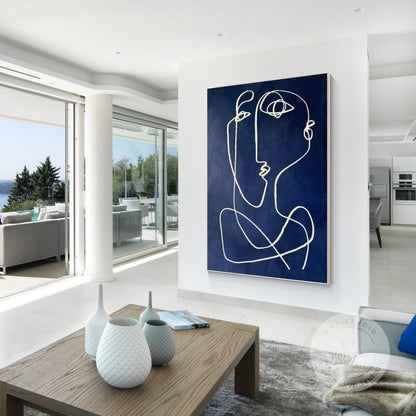 Picasso Style Navy Blue Line Art, Modern Textured Abstract Painting on Canvas, M #1