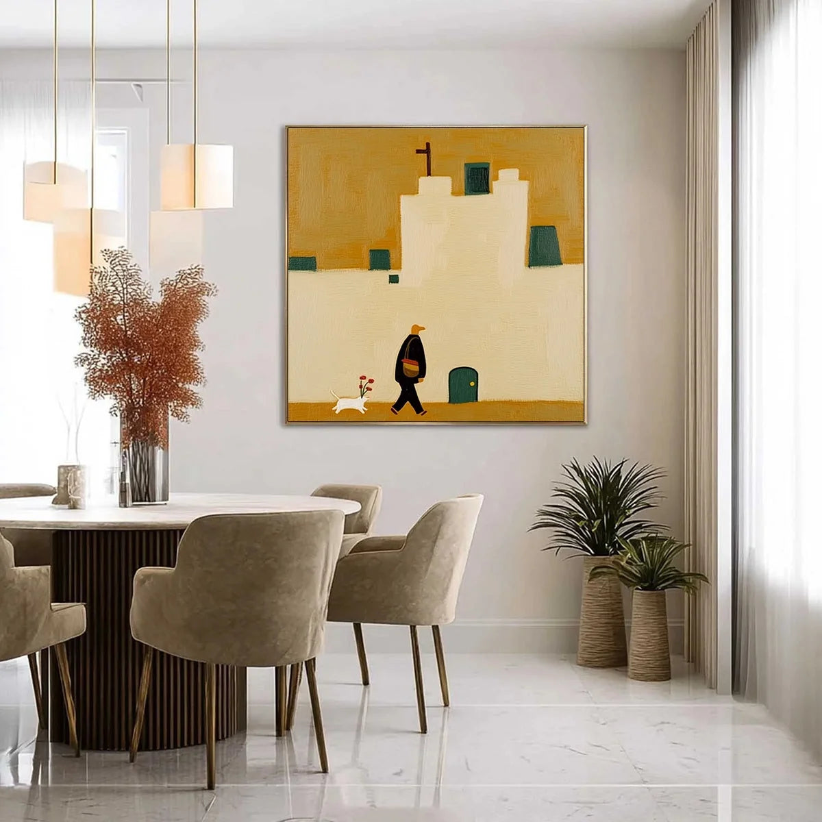 PILGRIM'S PATH: Minimalist Figurative Painting of a Spanish Village Scene | gold frame stretched on neutral wall
