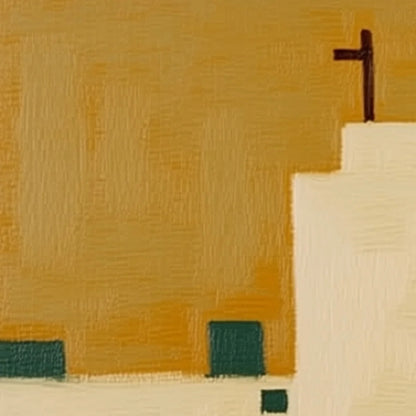 PILGRIM'S PATH: Minimalist Figurative Painting of a Spanish Village Scene | rolled canvas, ready for custom framing