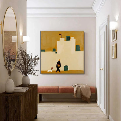 PILGRIM'S PATH: Minimalist Figurative Painting of a Spanish Village Scene | black frame version on white wall