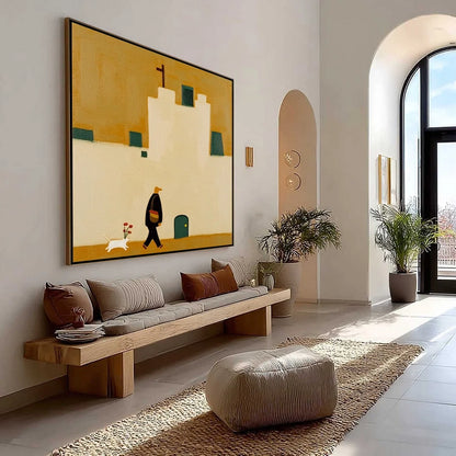 PILGRIM'S PATH: Minimalist Figurative Painting of a Spanish Village Scene | Minimalist mood, soft natural light studio shot