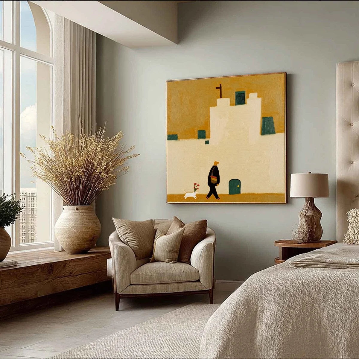 PILGRIM'S PATH: Minimalist Figurative Painting of a Spanish Village Scene | multi-color palette, original oil on stretched canvas art