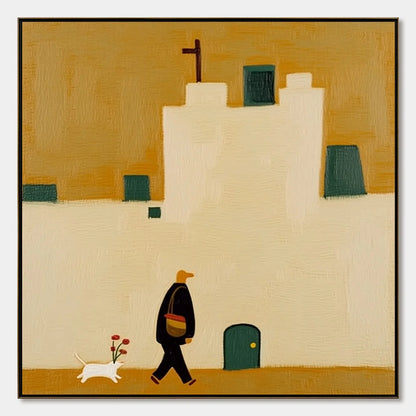 PILGRIM'S PATH: Minimalist Figurative Painting of a Spanish Village Scene | hanging in living room, Minimalist wall art
