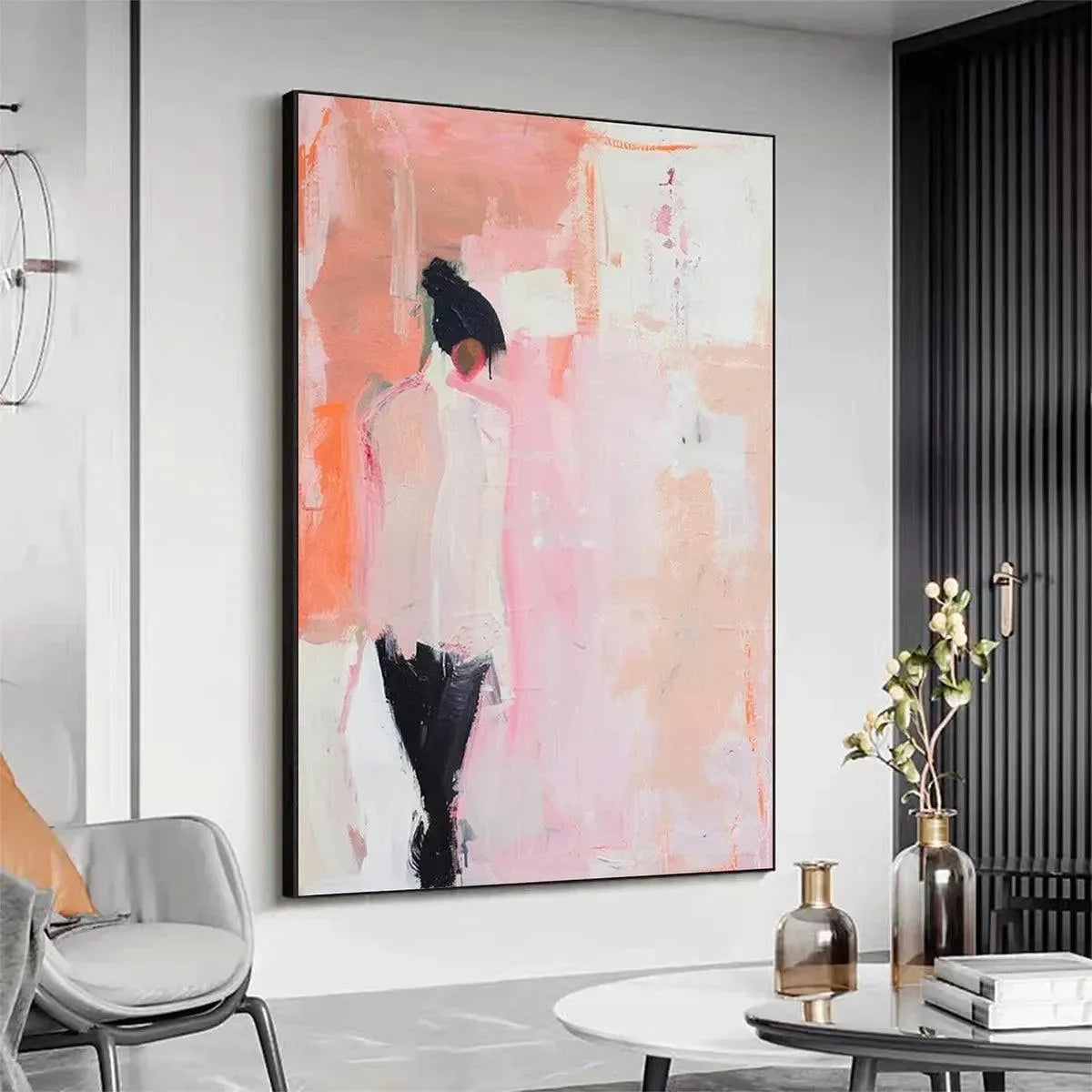 PINK ABSTRACT: Figurative Painting, Pastel Wall Art, Modern Decor, Vertical Canvas | gold frame stretched on neutral wall